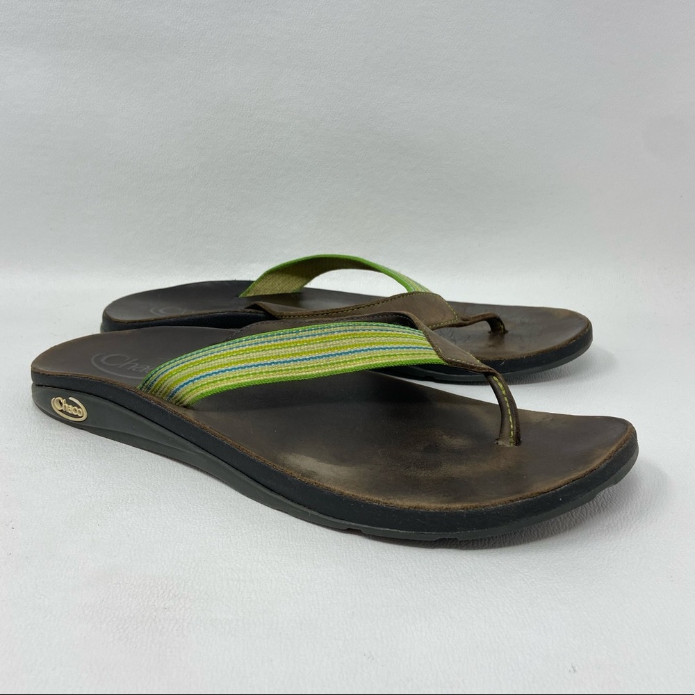 Chaco Green Strap Leather Sole Flip Flop Thong Sandals, Women’s Size 12